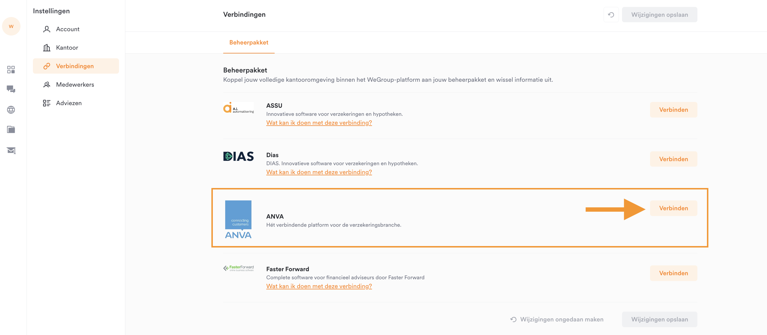 Overzicht van beheerpakket verbindingen met de knop Verbinden naast ANVA
