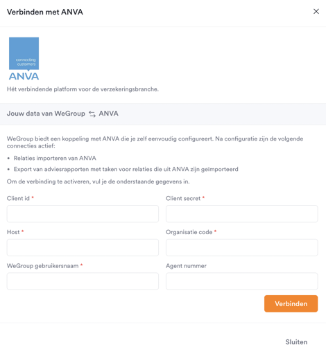 Formulierscherm voor de ANVA koppeling met velden voor client gegevens