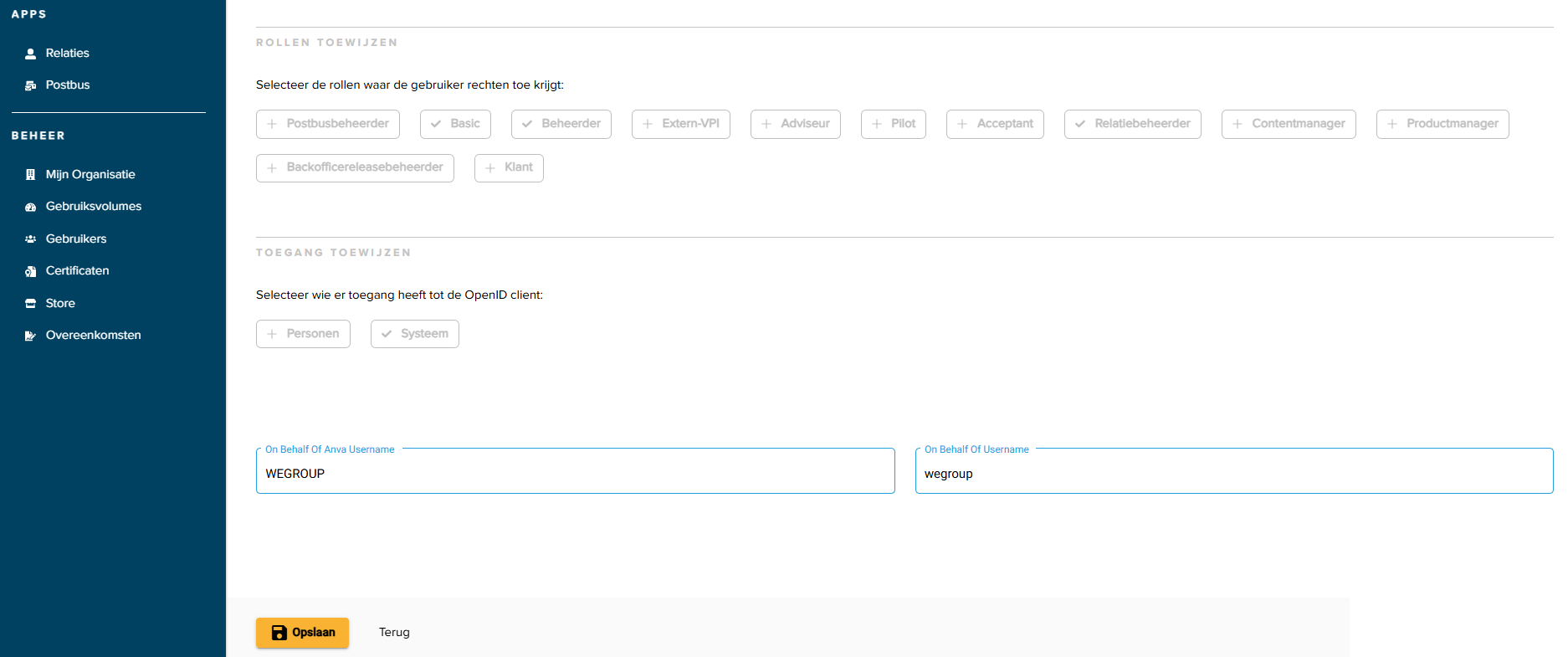 Detailweergave van een OpenID client met de On behalf Of Anva Username
