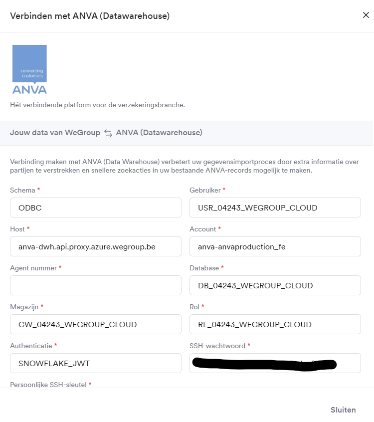 Configuratiescherm voor het ANVA data platform met velden voor schema en SSH gegevens