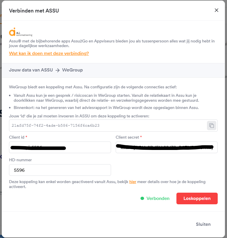 Configuratiescherm in WeGroup voor de Assu koppeling met de velden Client id, Client Secret, HD Nummer en de knop Verbinden
