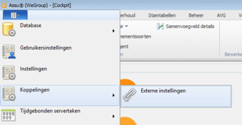 Menu in Assu met de optie Koppelingen en daarbinnen externe instellingen