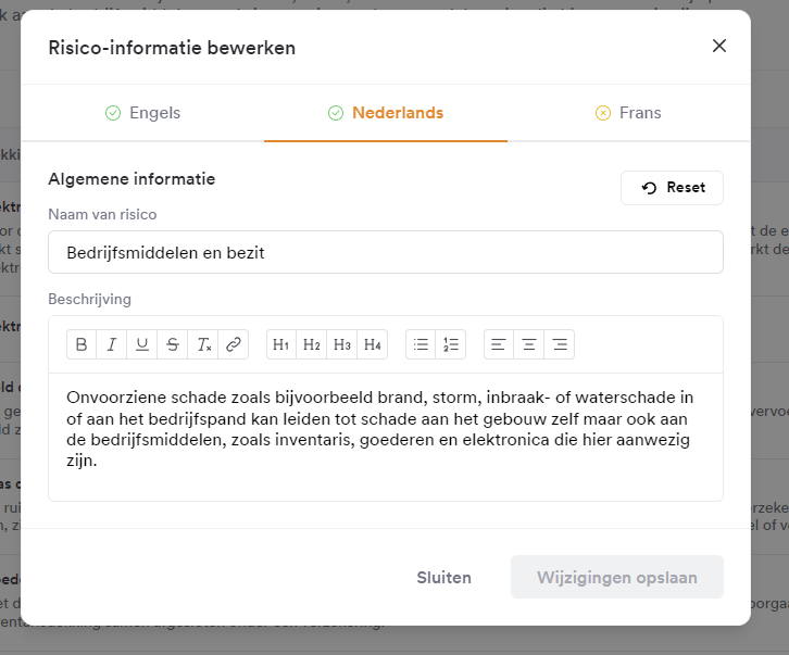 Aanpassen van de risicodomein-omschrijving via de drie bolletjes met de optie Reset