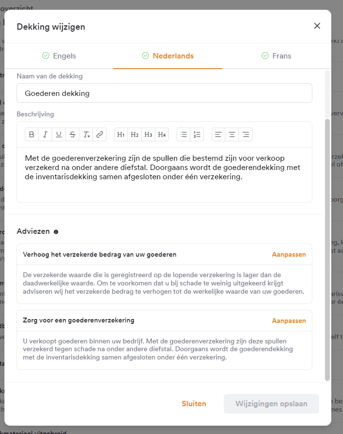 Aanpassen van de dekkingbeschrijving en onderliggende adviesteksten via het pennetje