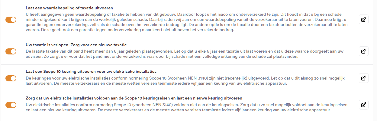 Onderkant van het dekkingsoverzicht met preventieadviezen die je kunt aanpassen