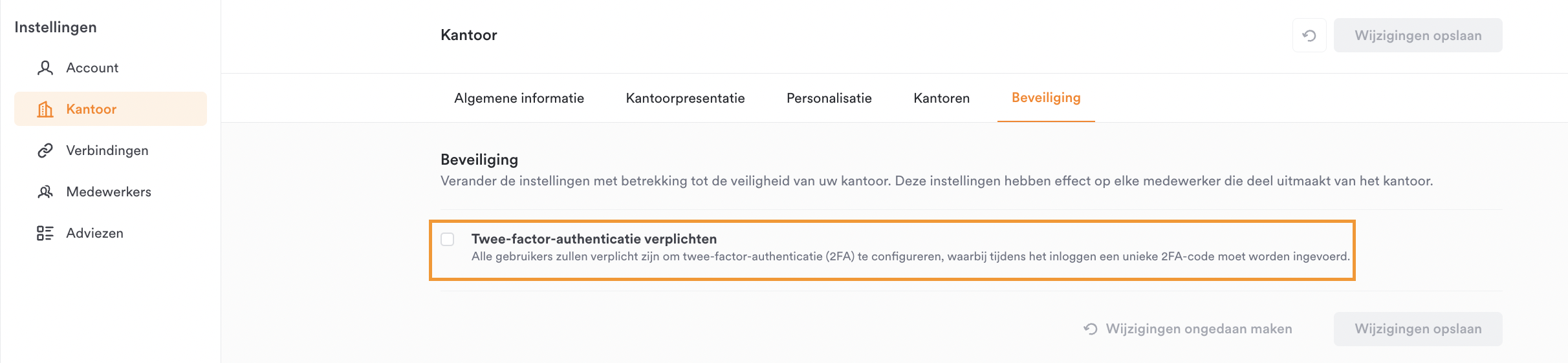 Optie Twee-factor-authenticatie verplichten in de kantoorbeveiliging